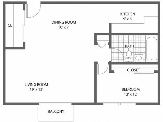 Floor plan for 1 bed, 1 bath, 695 sqft